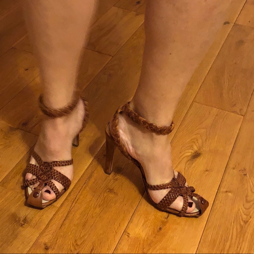 Yves Saint Laurent ankle wrap tan leather heels